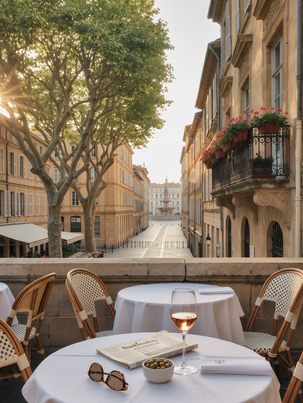 Terrasse du Cours Mirabeau à Aix-en-Provence, verre de rosé, olives, journal