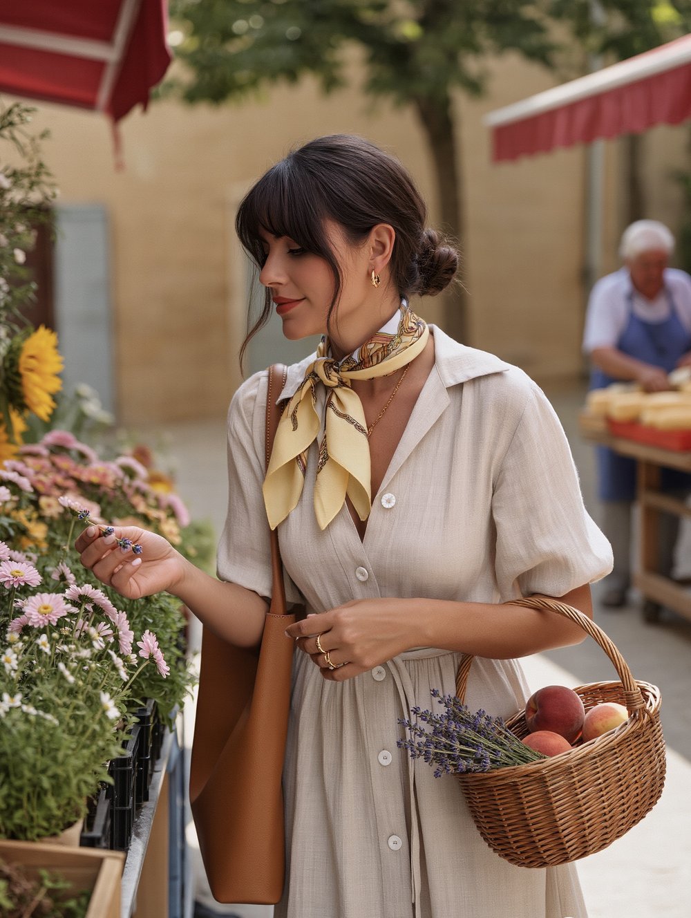 Une Française qui fait son marché à Aix-en-Provence avec un panier