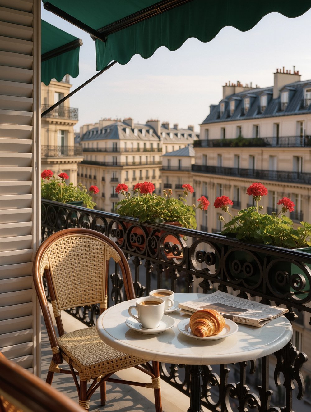Balcon parisien, petit-déjeuner avec croissant, café, journal, vue sur les toits