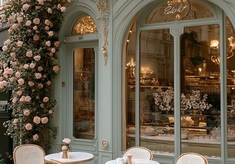 An elegant Parisian café façade covered in roses