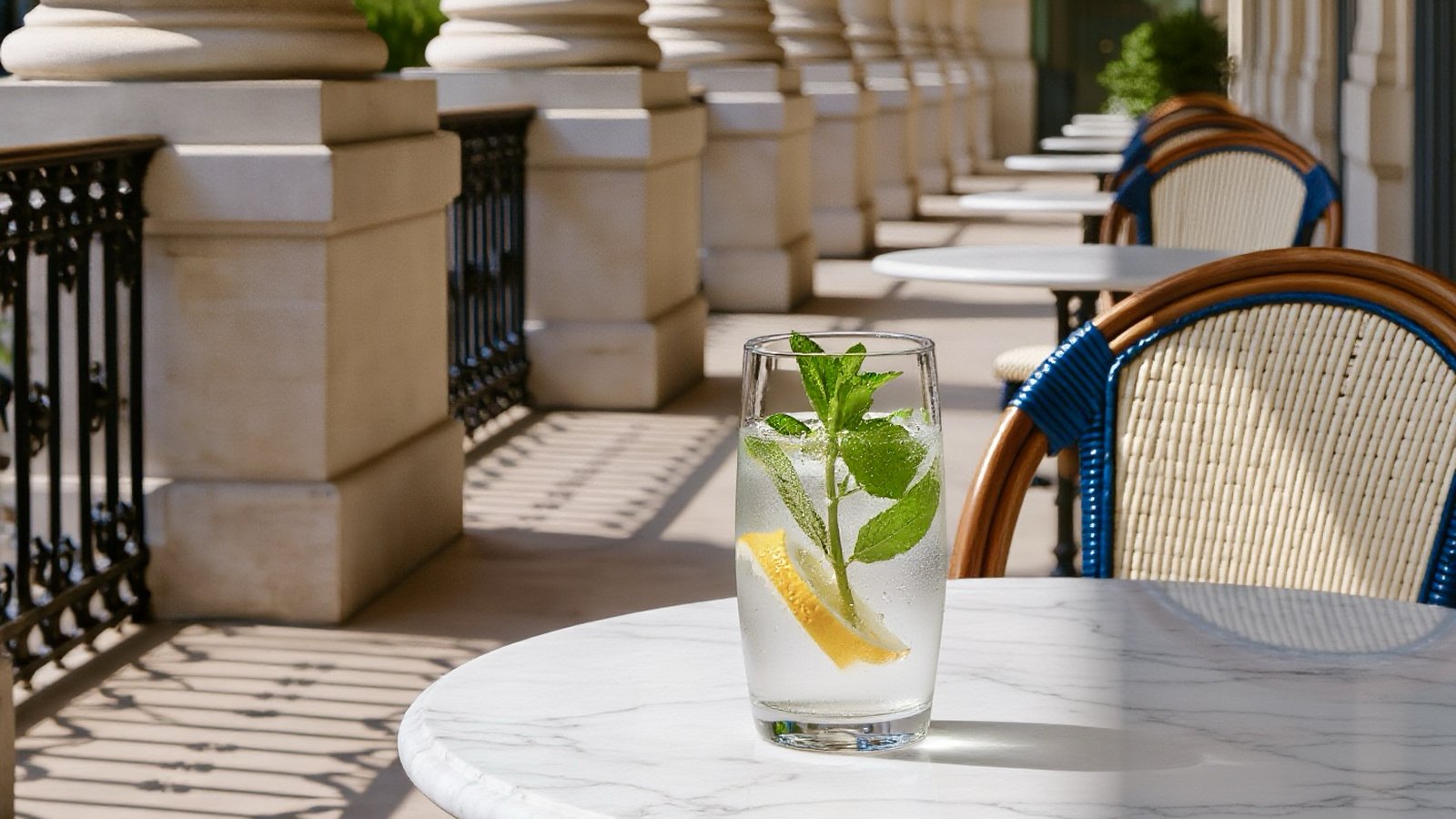 A glass of water with mint and lemon on a marble café table on a sunny Parisian terrace under arcades